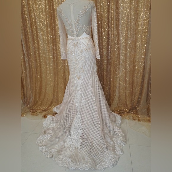 Blush Pink Lace Evening Gown | Long Sleeve Formal Wedding / Prom Dress | Size 8 - Picture 4 of 8